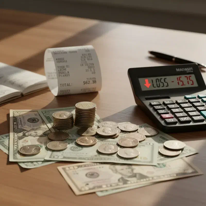 Billetes, monedas, una calculadora y un recibo sobre una mesa.