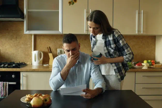 Una pareja revisa documentos y cuentas en la cocina.