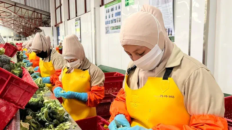Trabajadoras con mascarilla preparan productos en un puesto de alimentos.