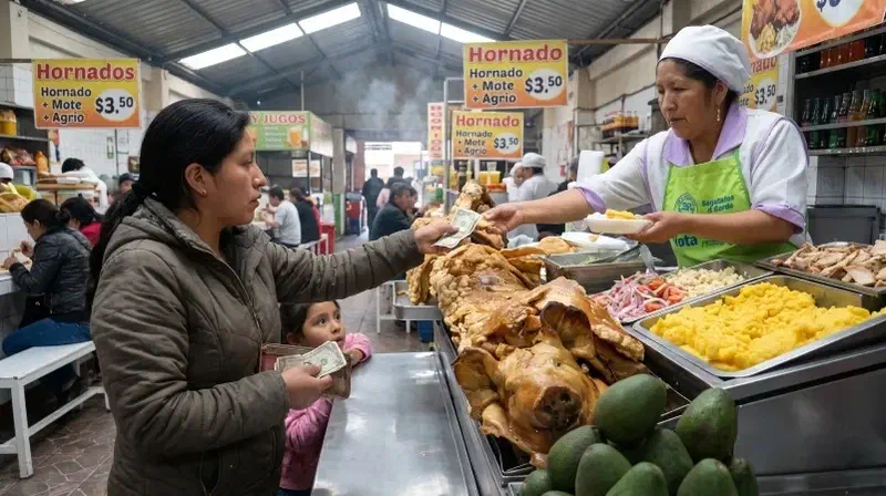 Una clienta compra alimentos en un mercado, en una ilustración generada con IA.
