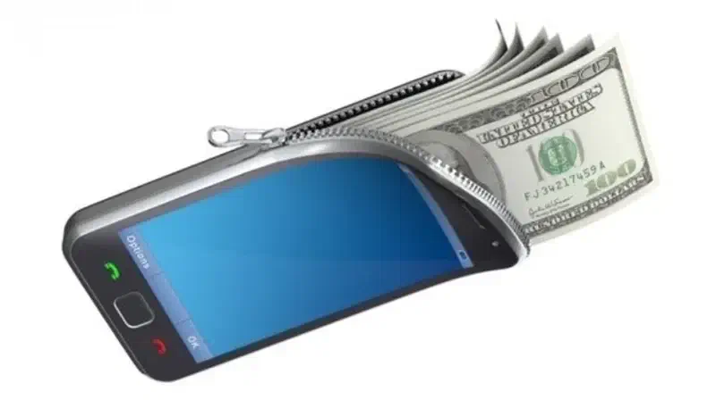 Ilustración de un celular acompañado por billetes de dólar.