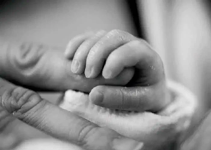 Una mano de bebé se apoya en la mano de una persona adulta.