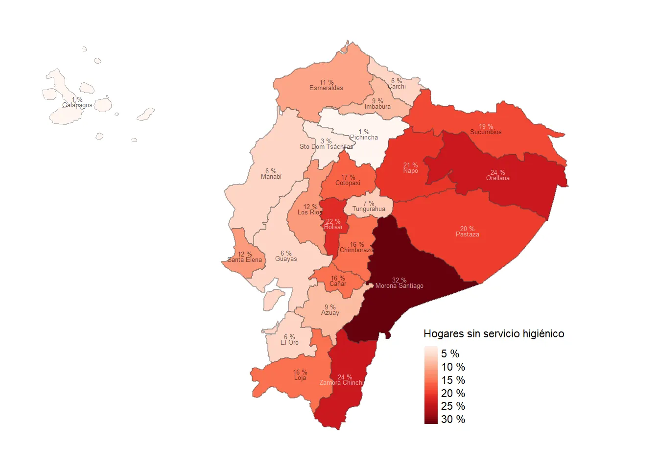 Mapa provincial de las viviendas de Ecuador que no tienen servicios higiénicos.
