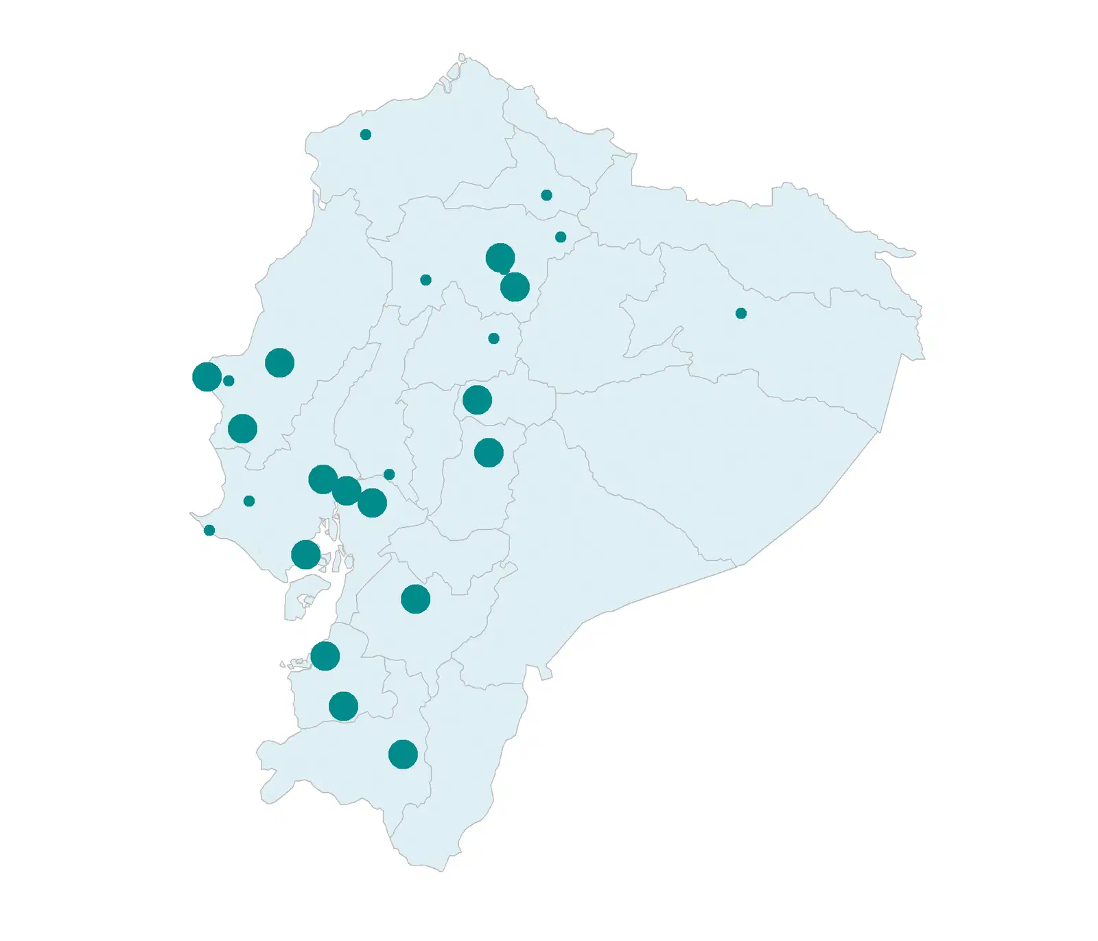 Mapa de las provincias desde las que se publicaron tuits sobre el IESS, con puntos cuyo tamaño representa su cantidad.