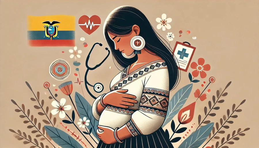 Ilustración de una mujer embarazada con símbolos de salud y la bandera de Ecuador.