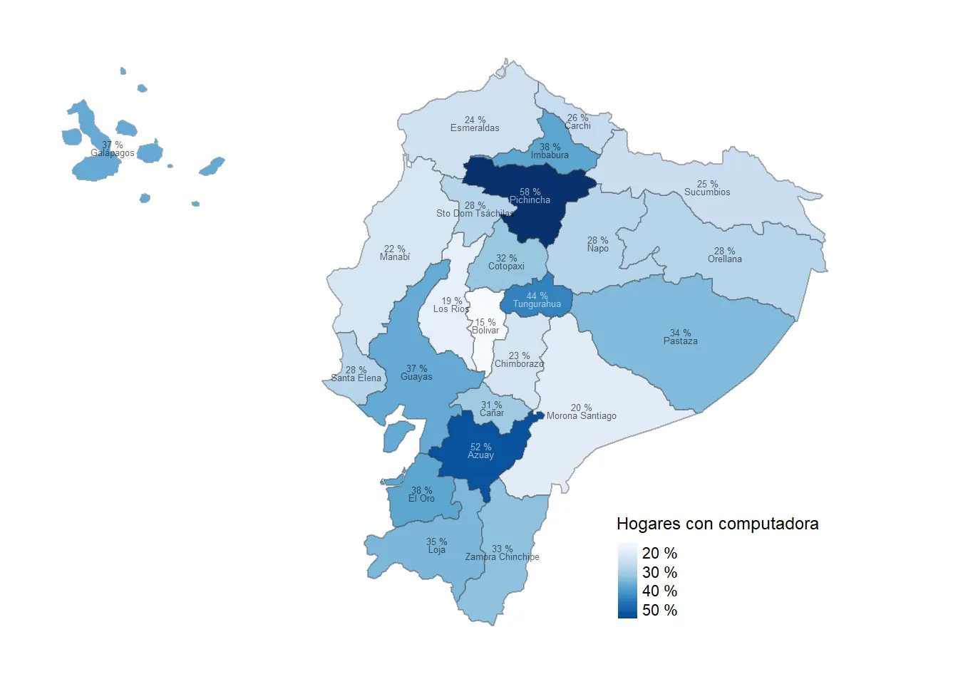 Porcentaje de hogares con al menos una computadora, por provincia de Ecuador.