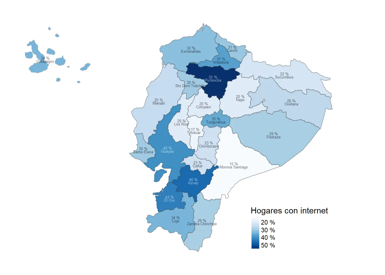 Porcentaje de hogares con acceso a Internet, por provincia de Ecuador.